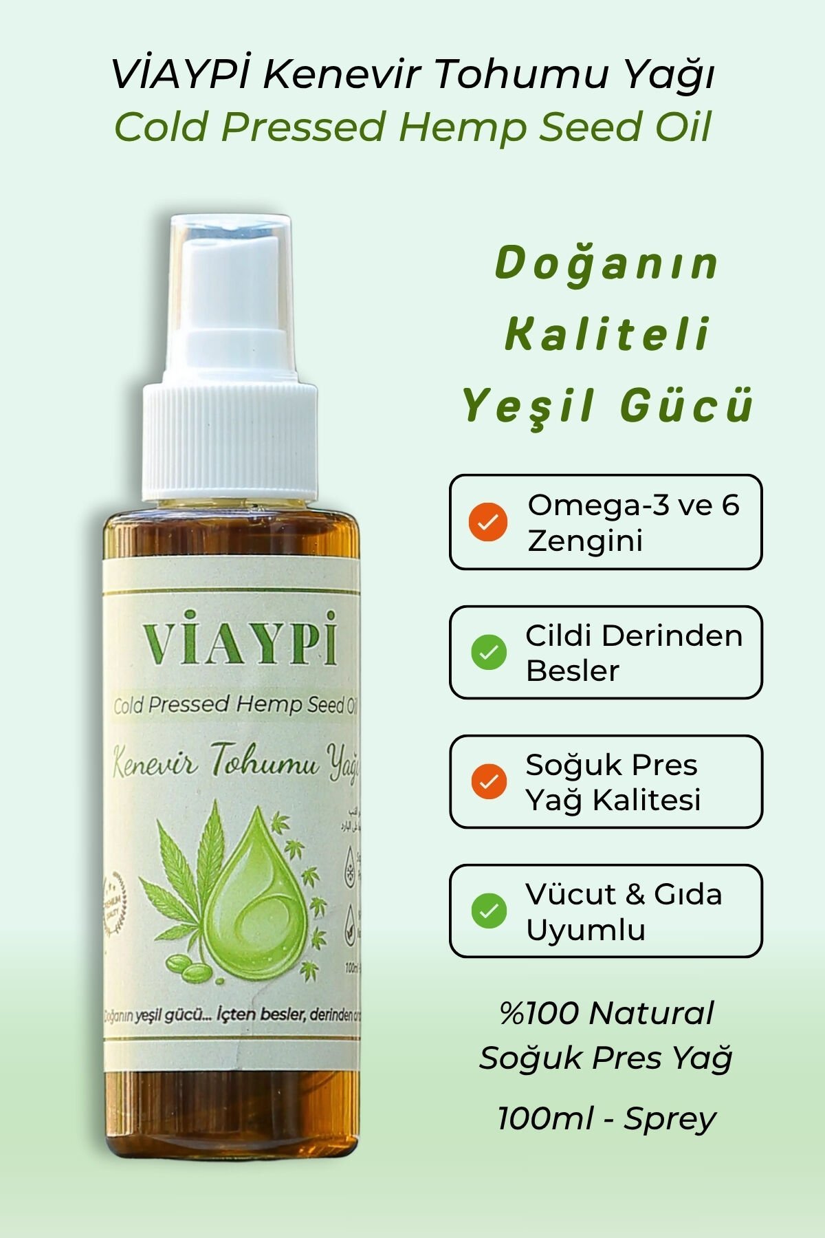 VİAYPİ Soğuk Preslenmiş Kenevir Tohumu Yağı / 100ml Sprey