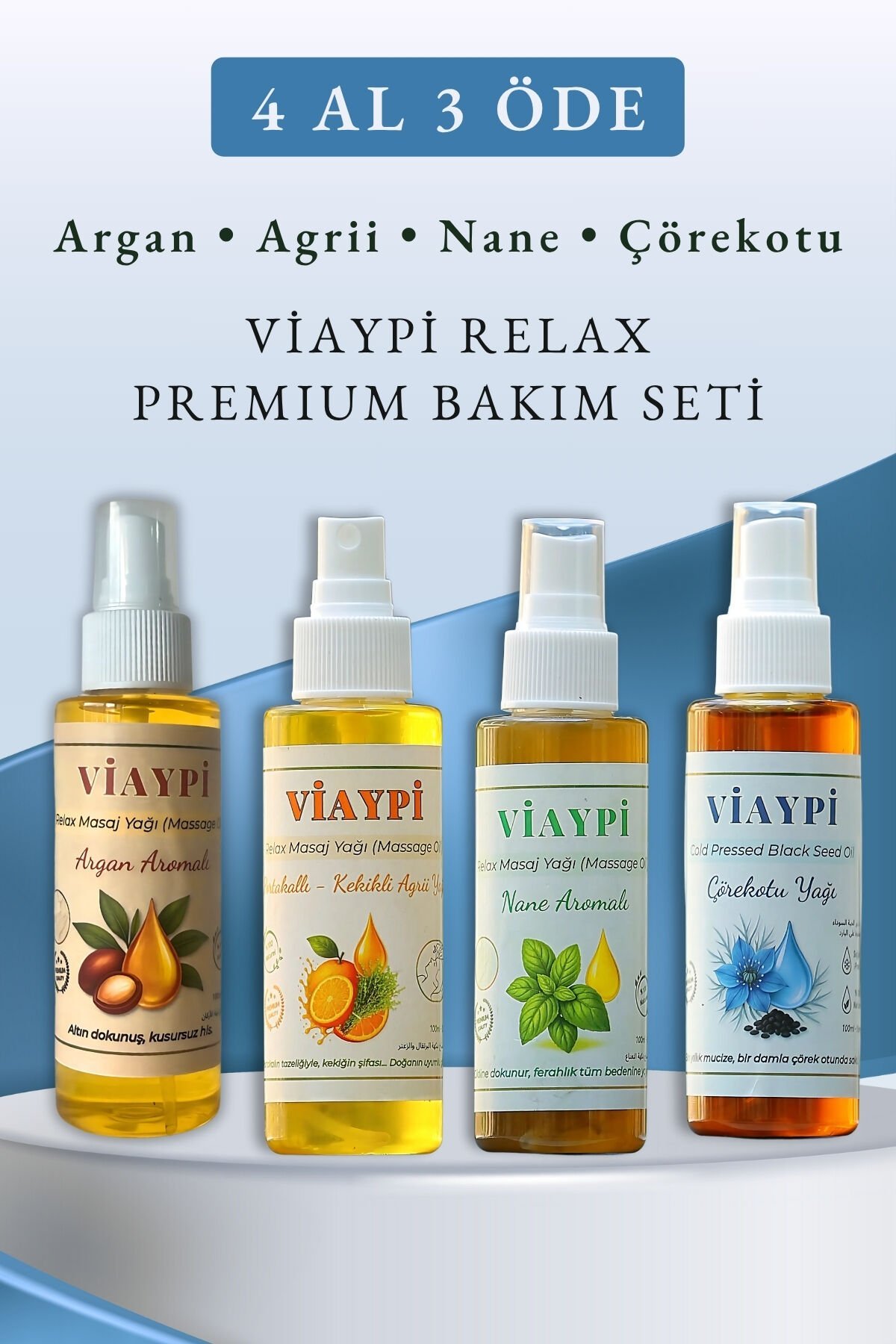VİAYPİ Premium Bakım Seti – Argan • Agrii • Nane • Çörekotu – 4 Al 3 Öde
