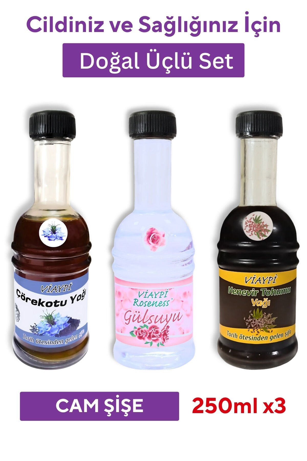 Viaypi Cildiniz ve Sağlığınız İçin Doğal Üçlü Set (Soğuk Sıkım Yağlar ve Doğal Gül Suyu)
