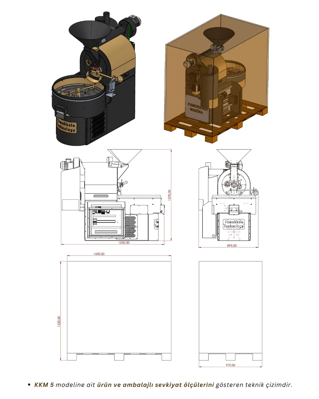 KKM 5 modeline ait ürün ve ambalajlı sevkiyat ölçülerini gösteren teknik çizimdir.
